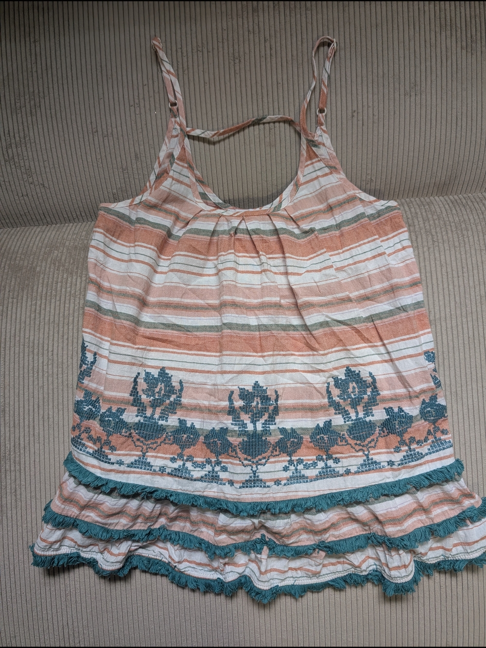 THML Peach and Teal Striped Tank with Floral Detail